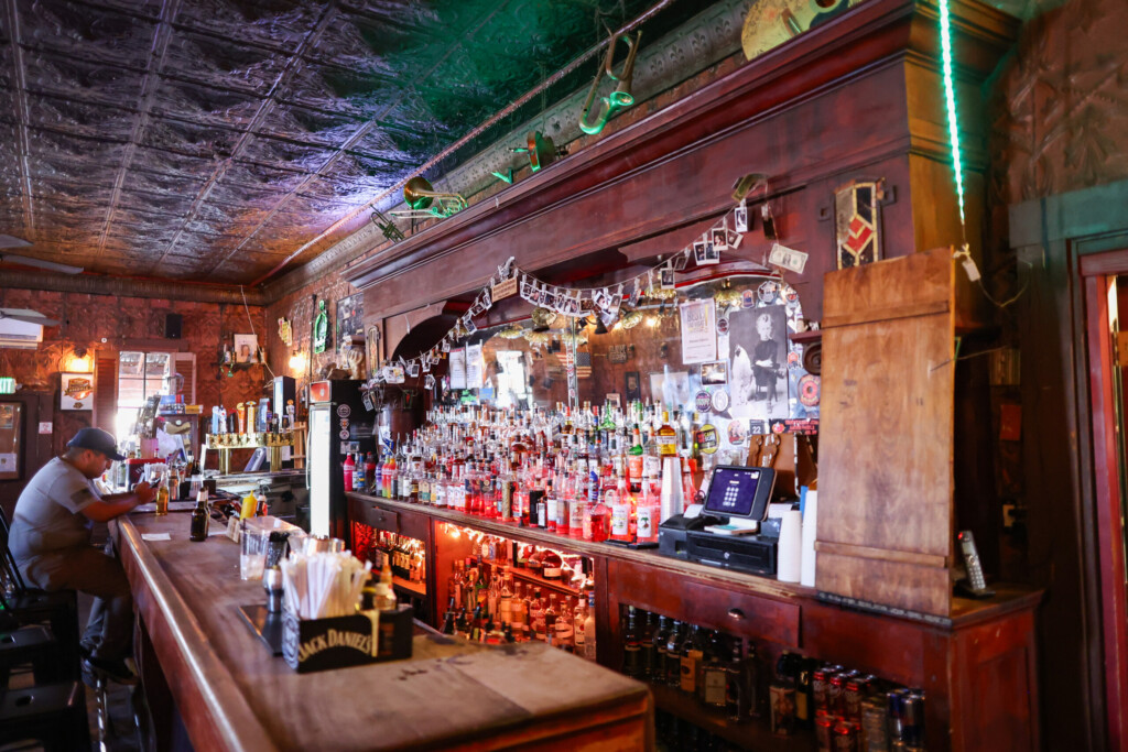 The Pioneer Saloon bar and stamped ceiling in Goodsprings, Nevada